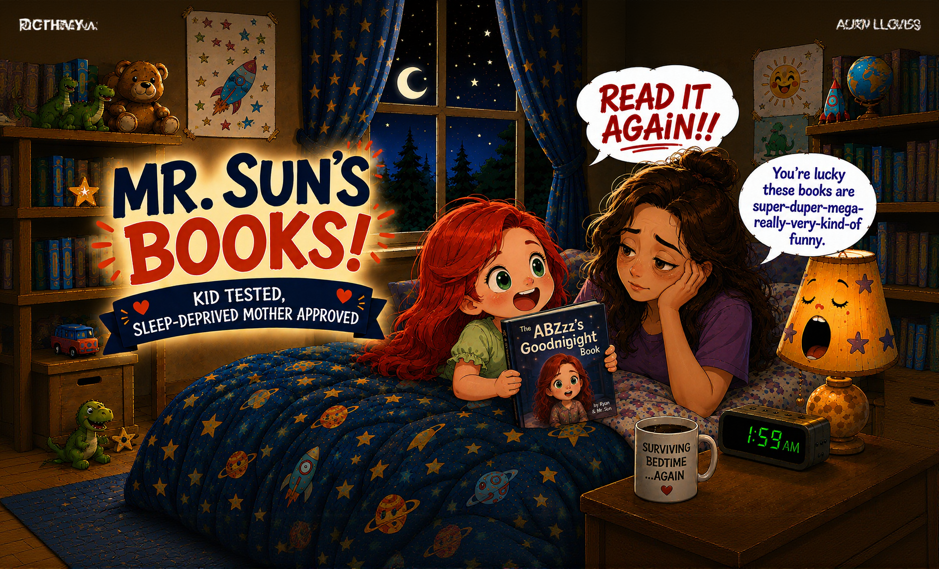 A boy reads Mr. Sun's Books to his mom at bedtime while their sleepy teddy bear looks on, under a starry window and a Mr. Sun's Books sign.