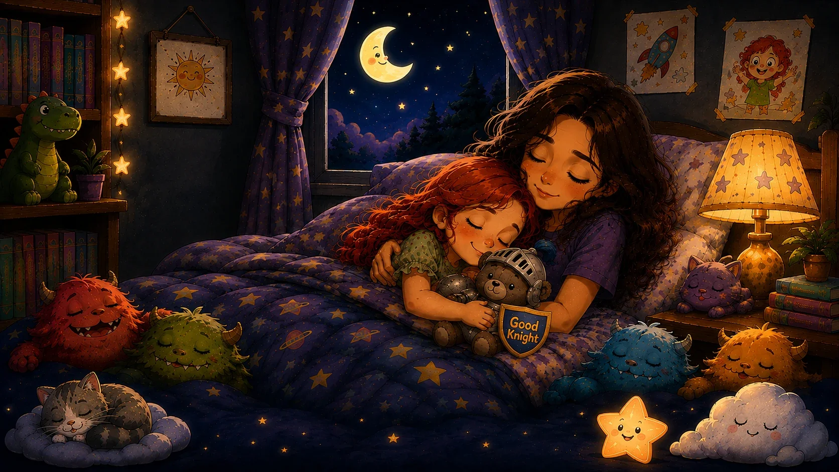 A mother and daughter asleep together in bed, the daughter hugging a knight teddy bear, surrounded by their sleepy stuffed-animal friends, under a moonlit window.